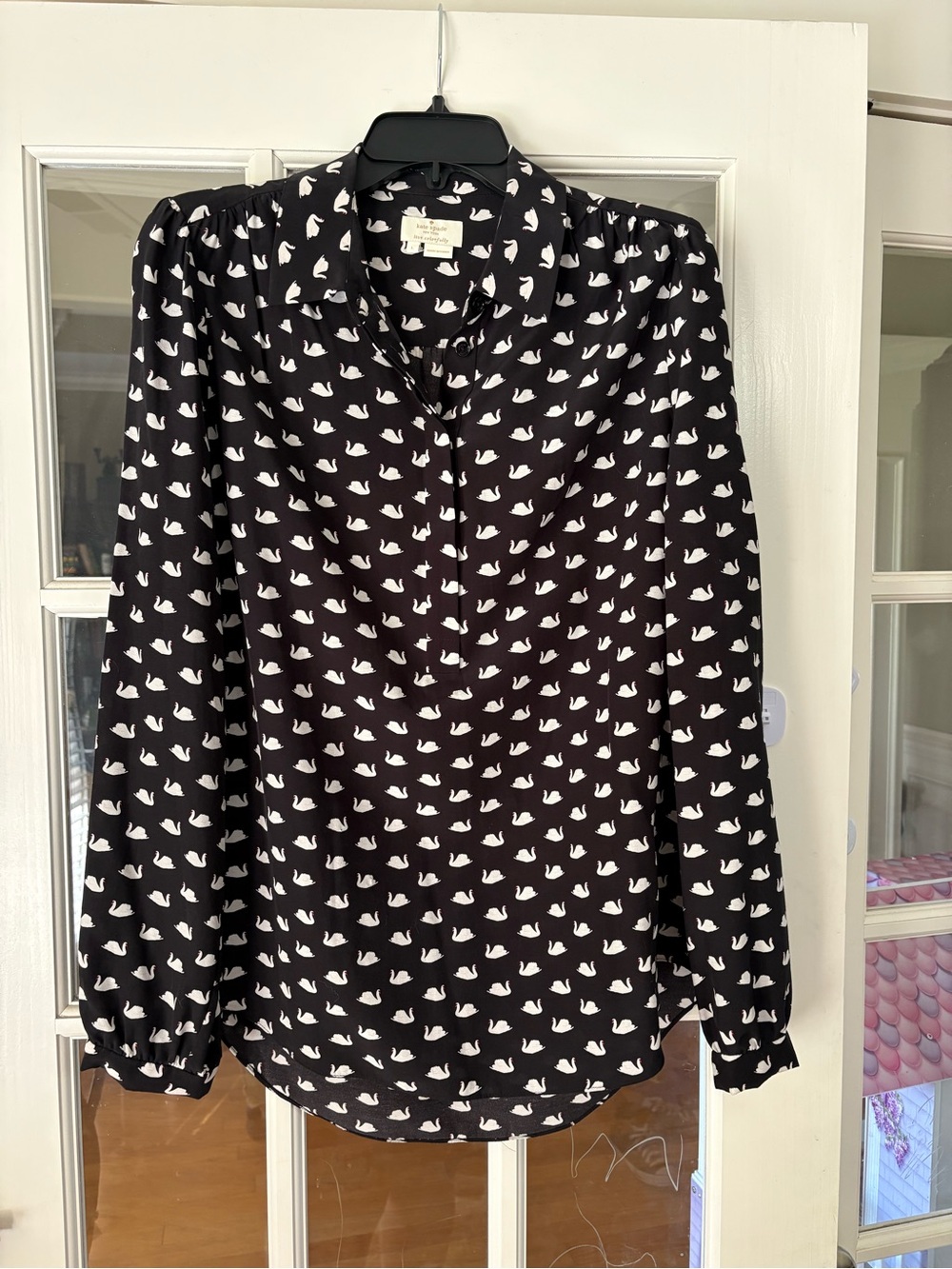 Kate Spade New York Black Swan Print Long Sleeve Button Up Blouse Size L